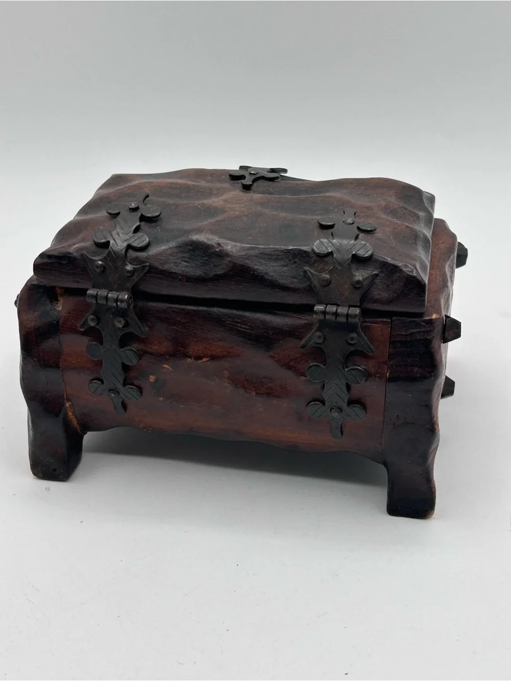 Vintage Hand Carved Rustic Domed Wooden Treasure Chest Trinket Box Brutalist
